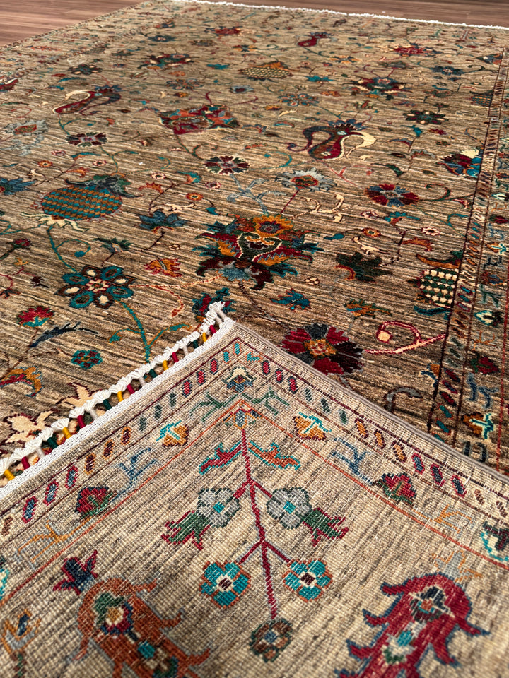 Sultani Binbirgece Orijinal El Dokuması Bej Kök Boya Yün Halı 211x303 6.39 Metrekare - 7x10 ft