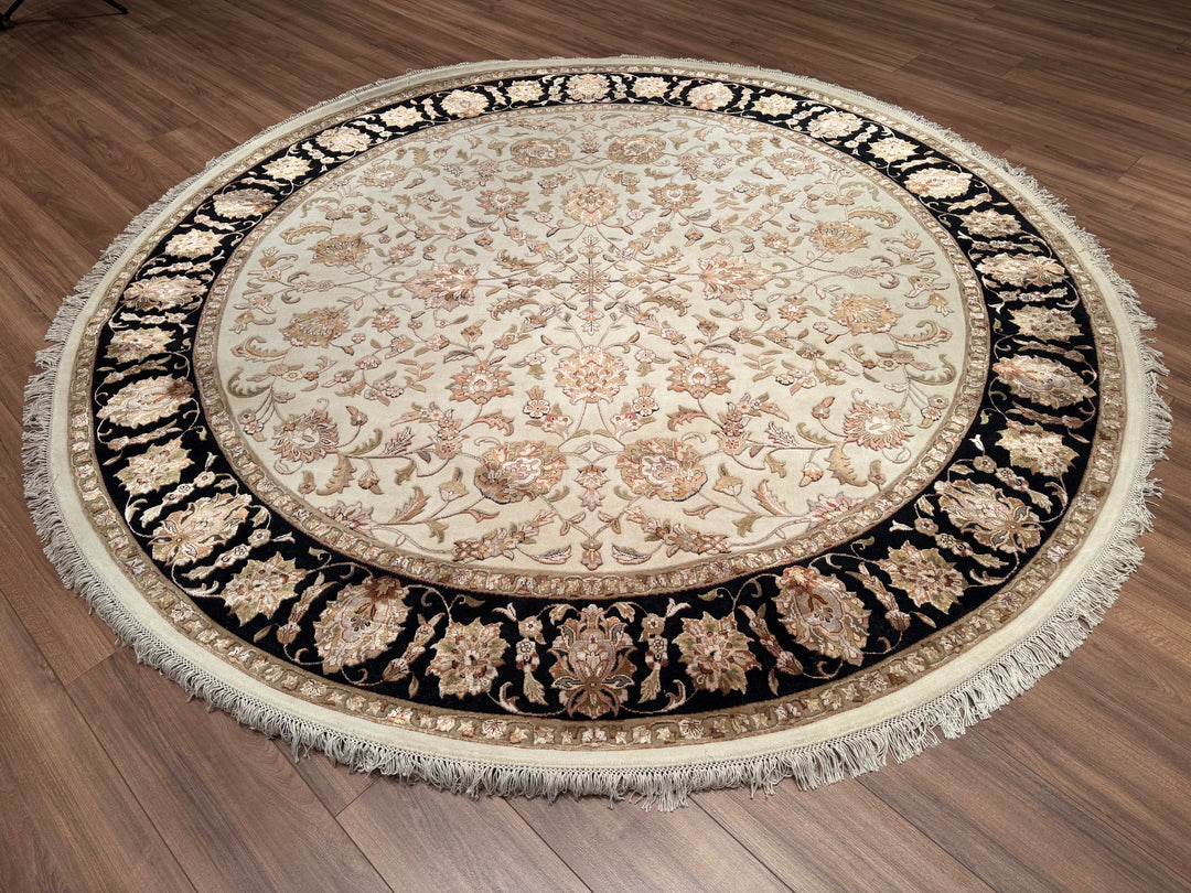 Indian Owl Original Hand Woven Round Black Cream Wool Bamboo Rug 250x251 6.28 Square Meters - 8x8 ft