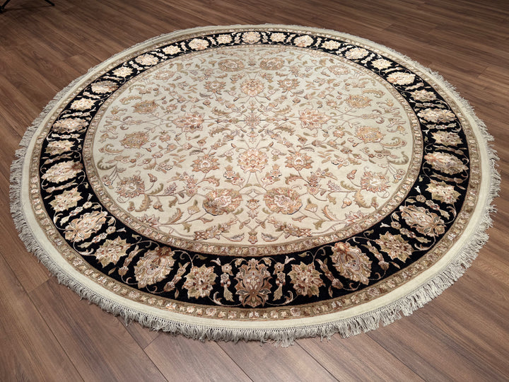 Indian Owl Original Hand Woven Round Black Cream Wool Bamboo Rug 250x251 6.28 Square Meters - 8x8 ft