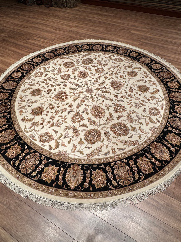Indian Owl Original Hand Woven Round Black Cream Wool Bamboo Rug 250x251 6.28 Square Meters - 8x8 ft