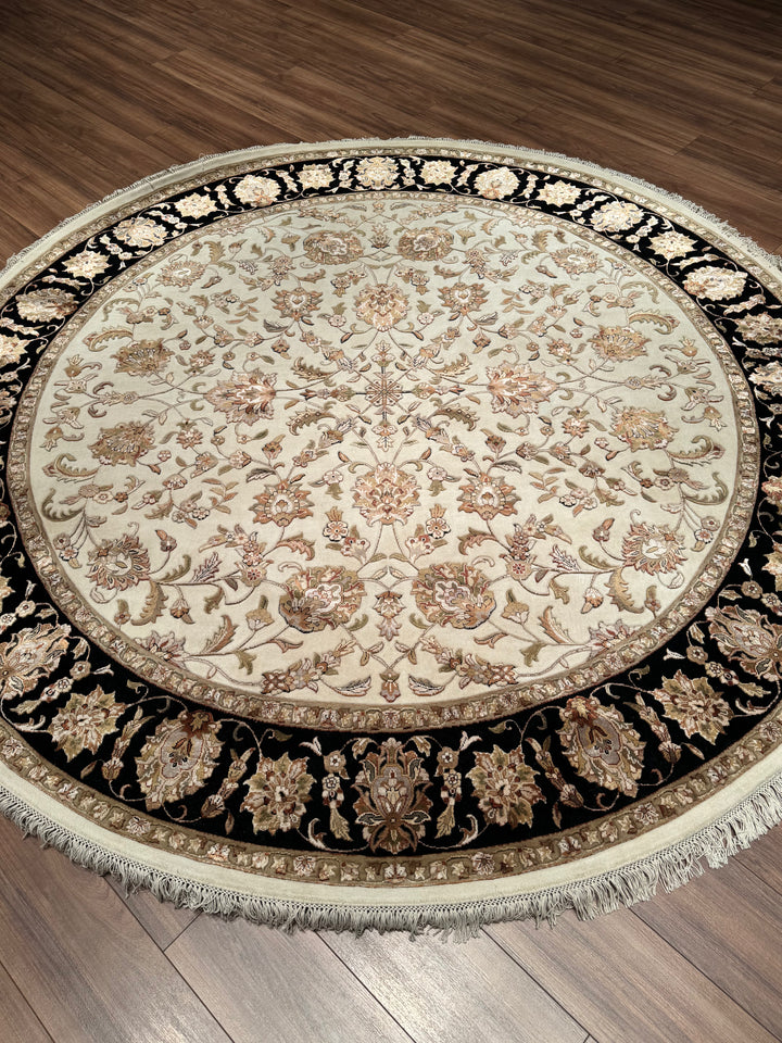 Indian Owl Original Hand Woven Round Black Cream Wool Bamboo Rug 250x251 6.28 Square Meters - 8x8 ft
