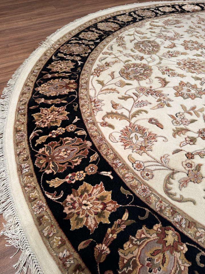 Indian Owl Original Hand Woven Round Black Cream Wool Bamboo Rug 250x251 6.28 Square Meters - 8x8 ft