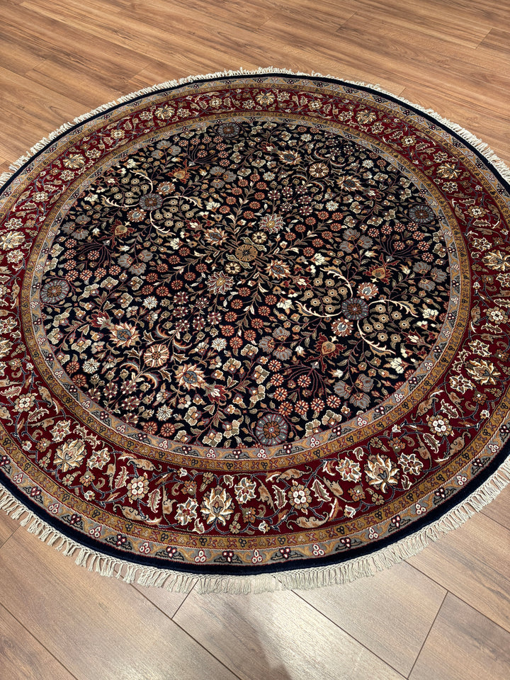 Hereke Yedi Dağın Çiçeği Yuvarlak Orijinal El Dokuması Kırmızı Mavi Yün Halı 183x183 3.35 Metrekare - 6x6 ft