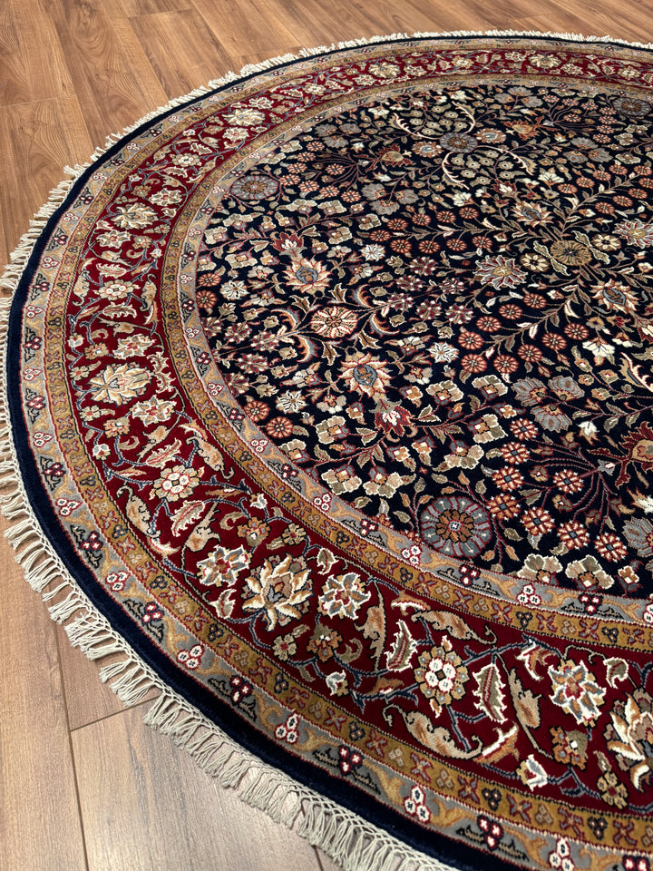 Hereke Yedi Dağın Çiçeği Yuvarlak Orijinal El Dokuması Kırmızı Mavi Yün Halı 183x183 3.35 Metrekare - 6x6 ft