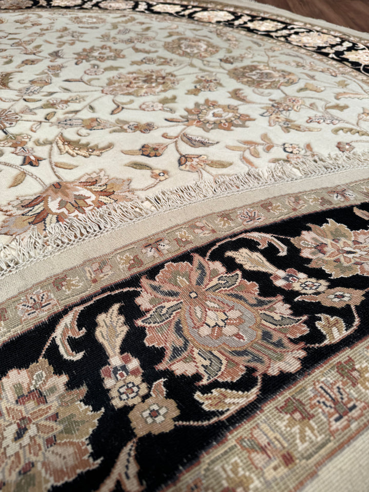 Indian Owl Original Hand Woven Round Black Cream Wool Bamboo Rug 250x251 6.28 Square Meters - 8x8 ft