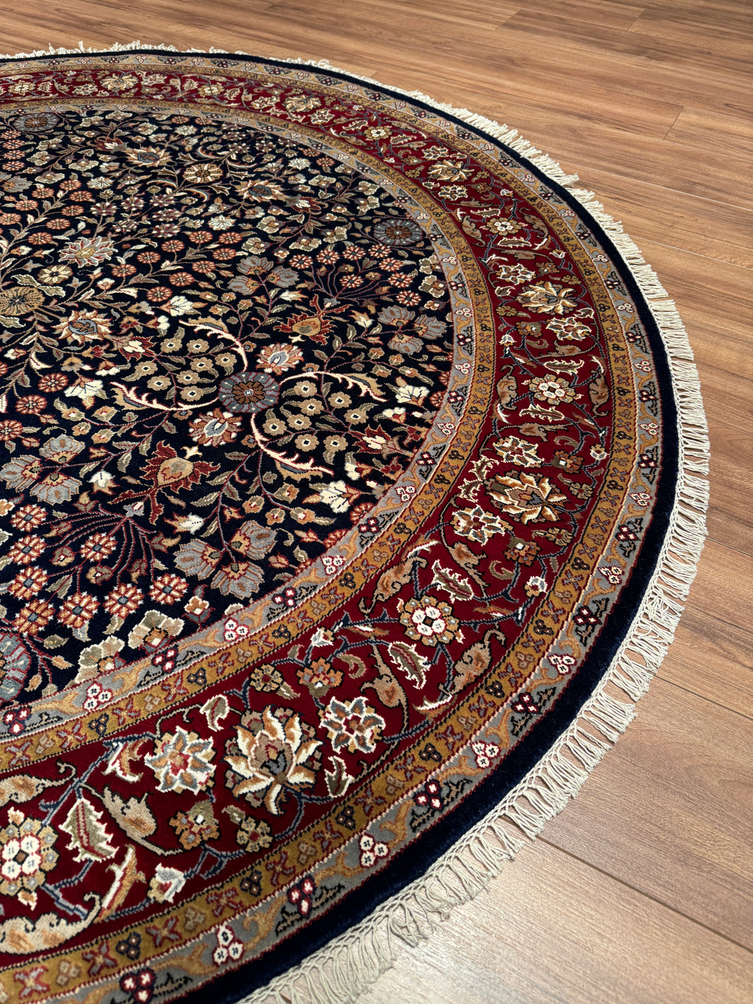 Hereke Yedi Dağın Çiçeği Yuvarlak Orijinal El Dokuması Kırmızı Mavi Yün Halı 183x183 3.35 Metrekare - 6x6 ft