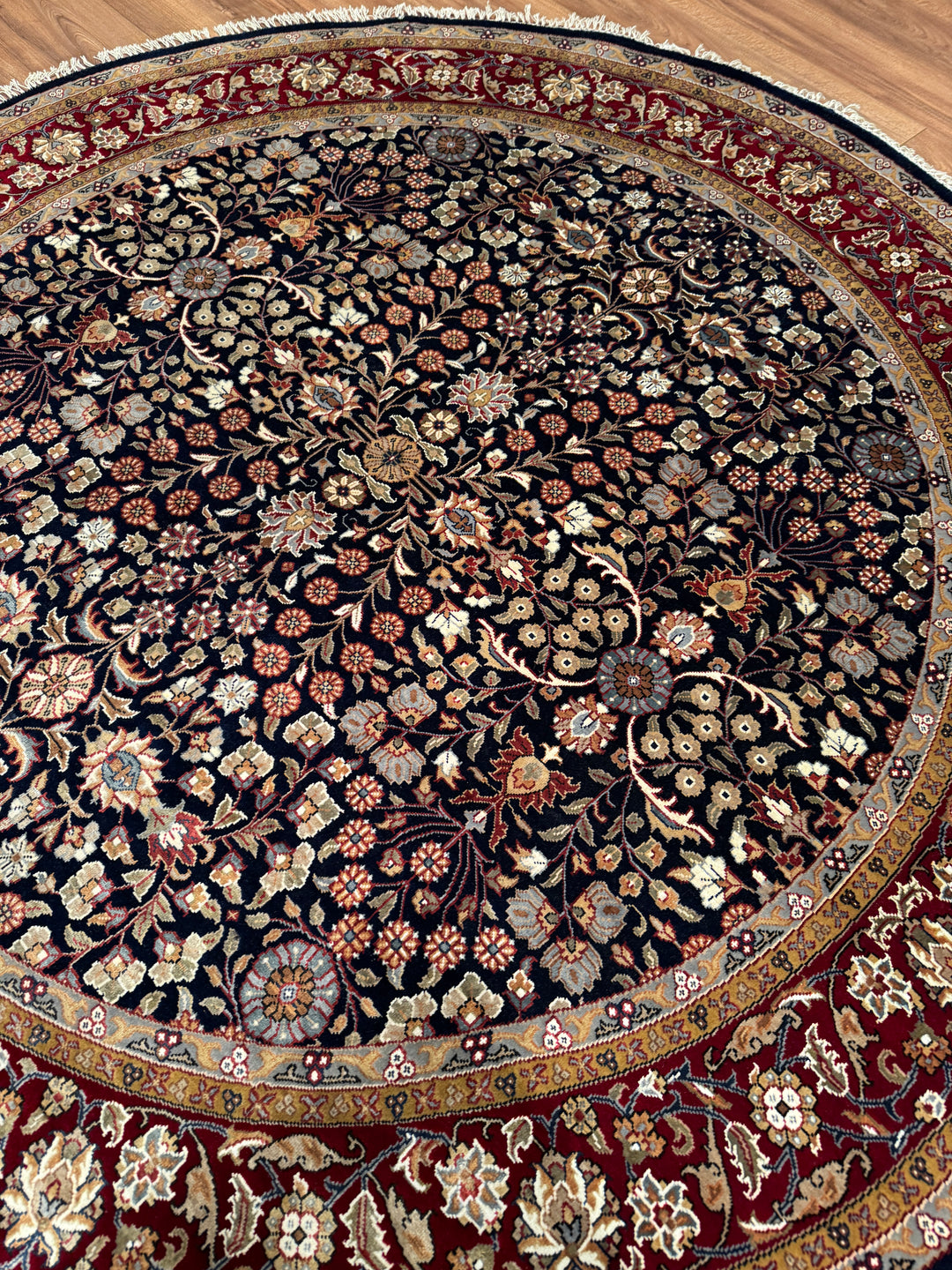 Hereke Yedi Dağın Çiçeği Yuvarlak Orijinal El Dokuması Kırmızı Mavi Yün Halı 183x183 3.35 Metrekare - 6x6 ft