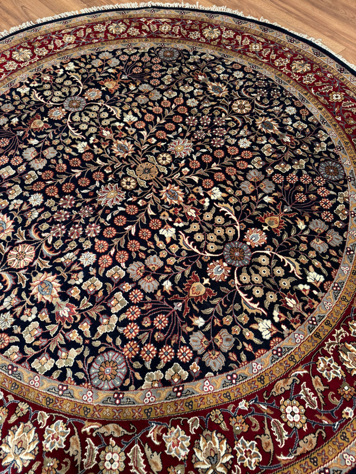 Hereke Yedi Dağın Çiçeği Yuvarlak Orijinal El Dokuması Kırmızı Mavi Yün Halı 183x183 3.35 Metrekare - 6x6 ft