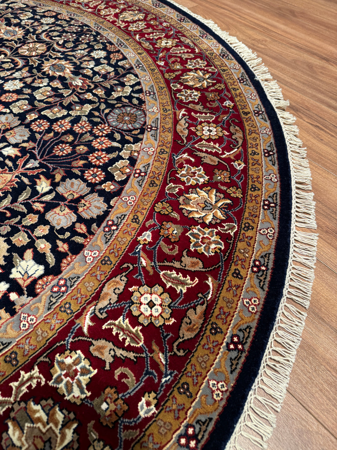 Hereke Yedi Dağın Çiçeği Yuvarlak Orijinal El Dokuması Kırmızı Mavi Yün Halı 183x183 3.35 Metrekare - 6x6 ft