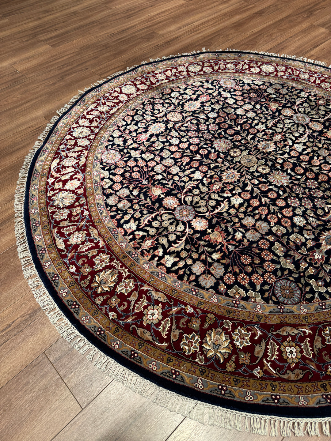 Hereke Yedi Dağın Çiçeği Yuvarlak Orijinal El Dokuması Kırmızı Mavi Yün Halı 183x183 3.35 Metrekare - 6x6 ft