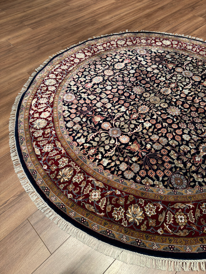 Hereke Yedi Dağın Çiçeği Yuvarlak Orijinal El Dokuması Kırmızı Mavi Yün Halı 183x183 3.35 Metrekare - 6x6 ft