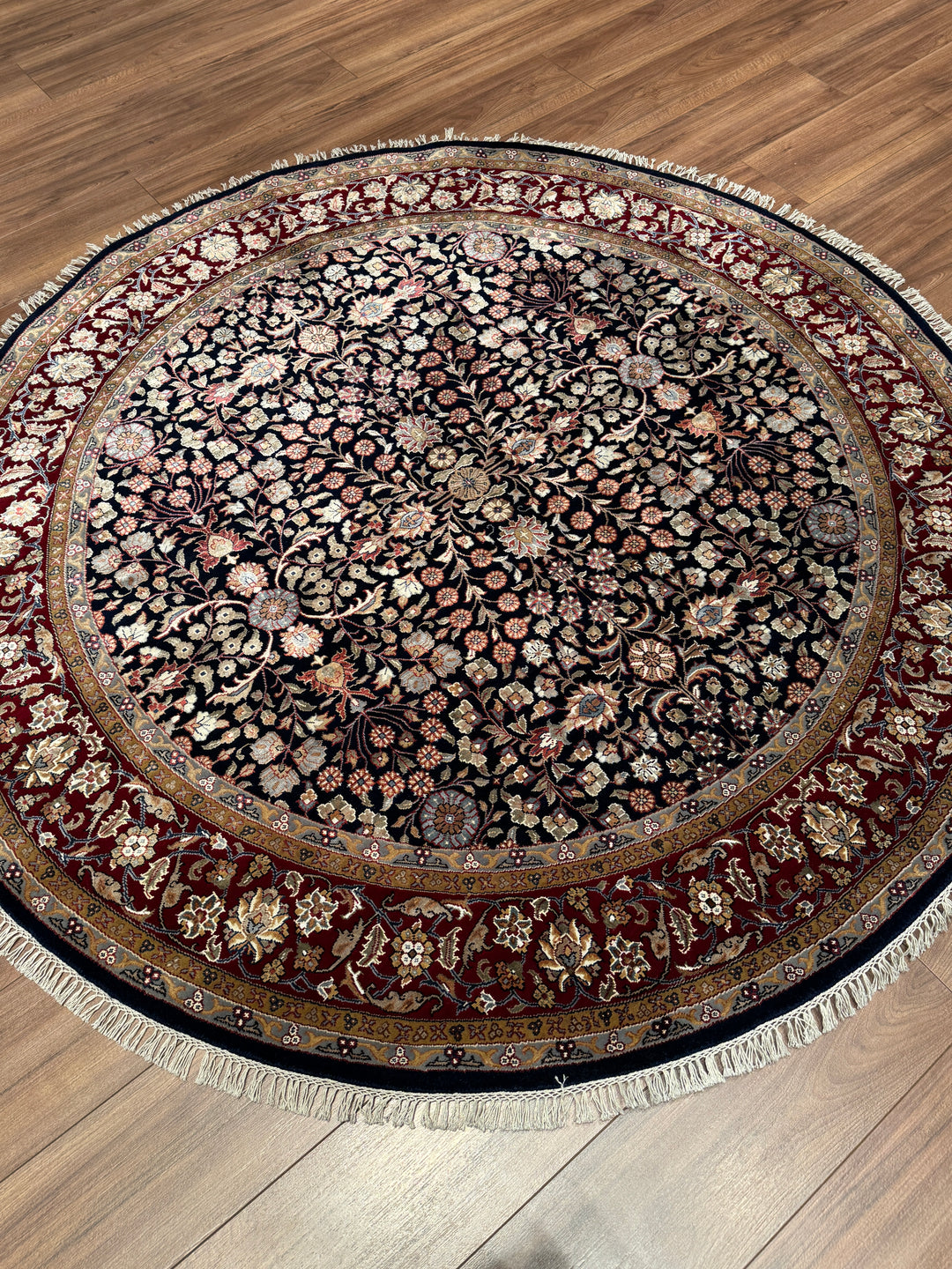 Hereke Yedi Dağın Çiçeği Yuvarlak Orijinal El Dokuması Kırmızı Mavi Yün Halı 183x183 3.35 Metrekare - 6x6 ft