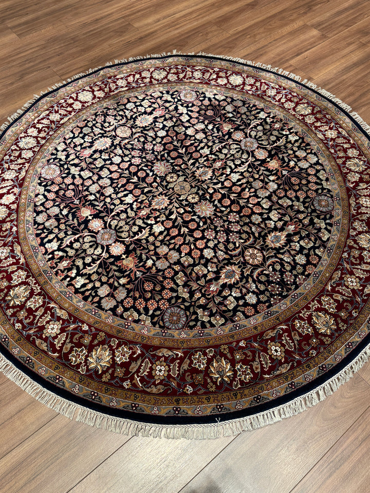 Hereke Yedi Dağın Çiçeği Yuvarlak Orijinal El Dokuması Kırmızı Mavi Yün Halı 183x183 3.35 Metrekare - 6x6 ft