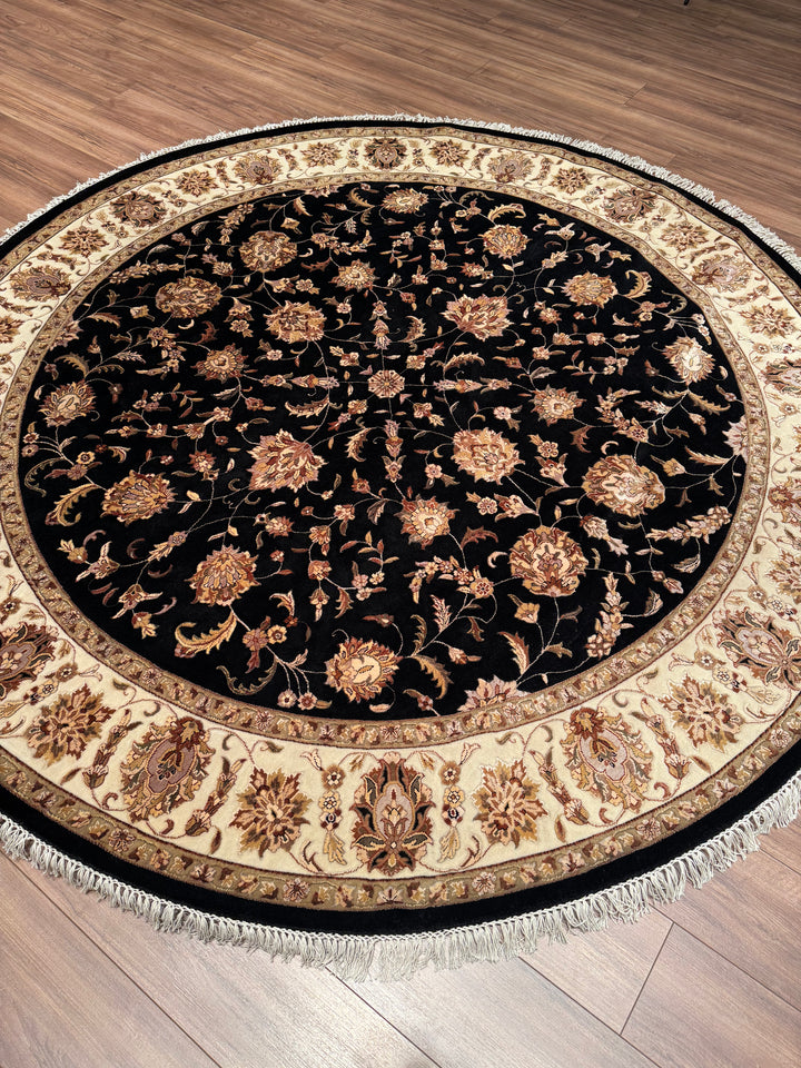 Indian Owl Original Hand Woven Round Black Cream Wool Bamboo Rug 250x250 6.25 Square Meters - 8x8 ft