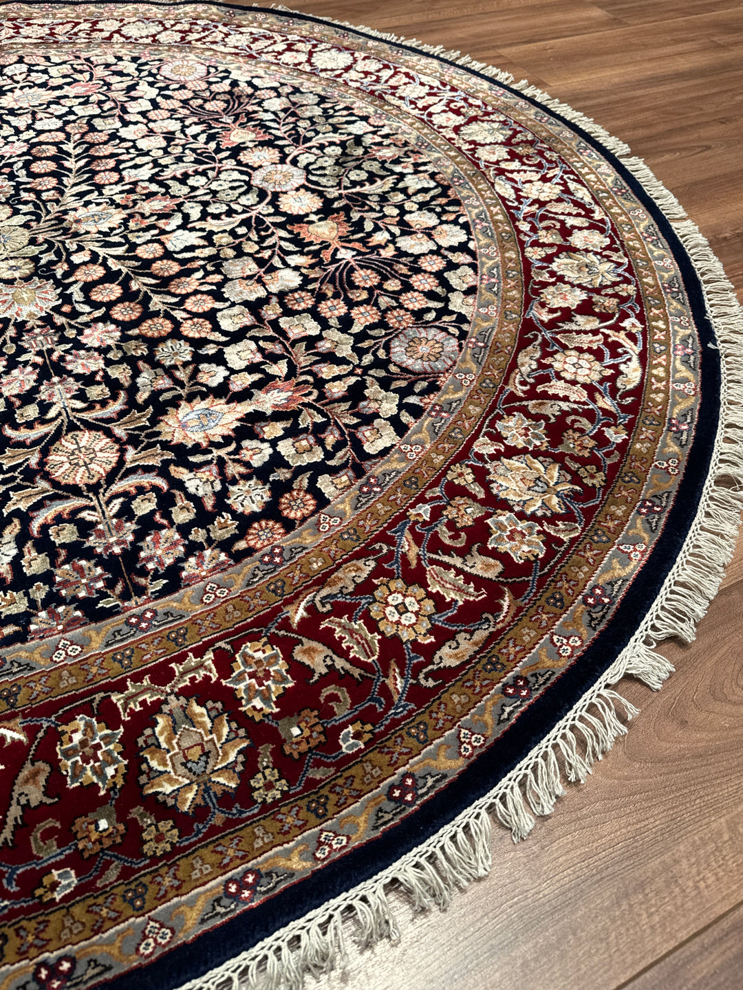 Hereke Yedi Dağın Çiçeği Yuvarlak Orijinal El Dokuması Kırmızı Mavi Yün Halı 183x183 3.35 Metrekare - 6x6 ft