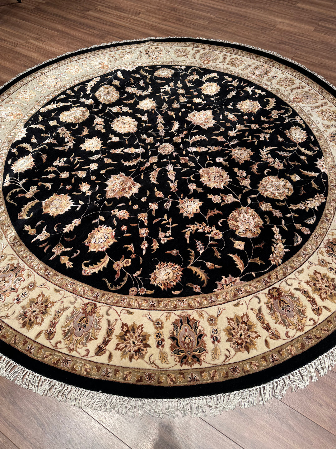 Indian Owl Original Hand Woven Round Black Cream Wool Bamboo Rug 250x250 6.25 Square Meters - 8x8 ft
