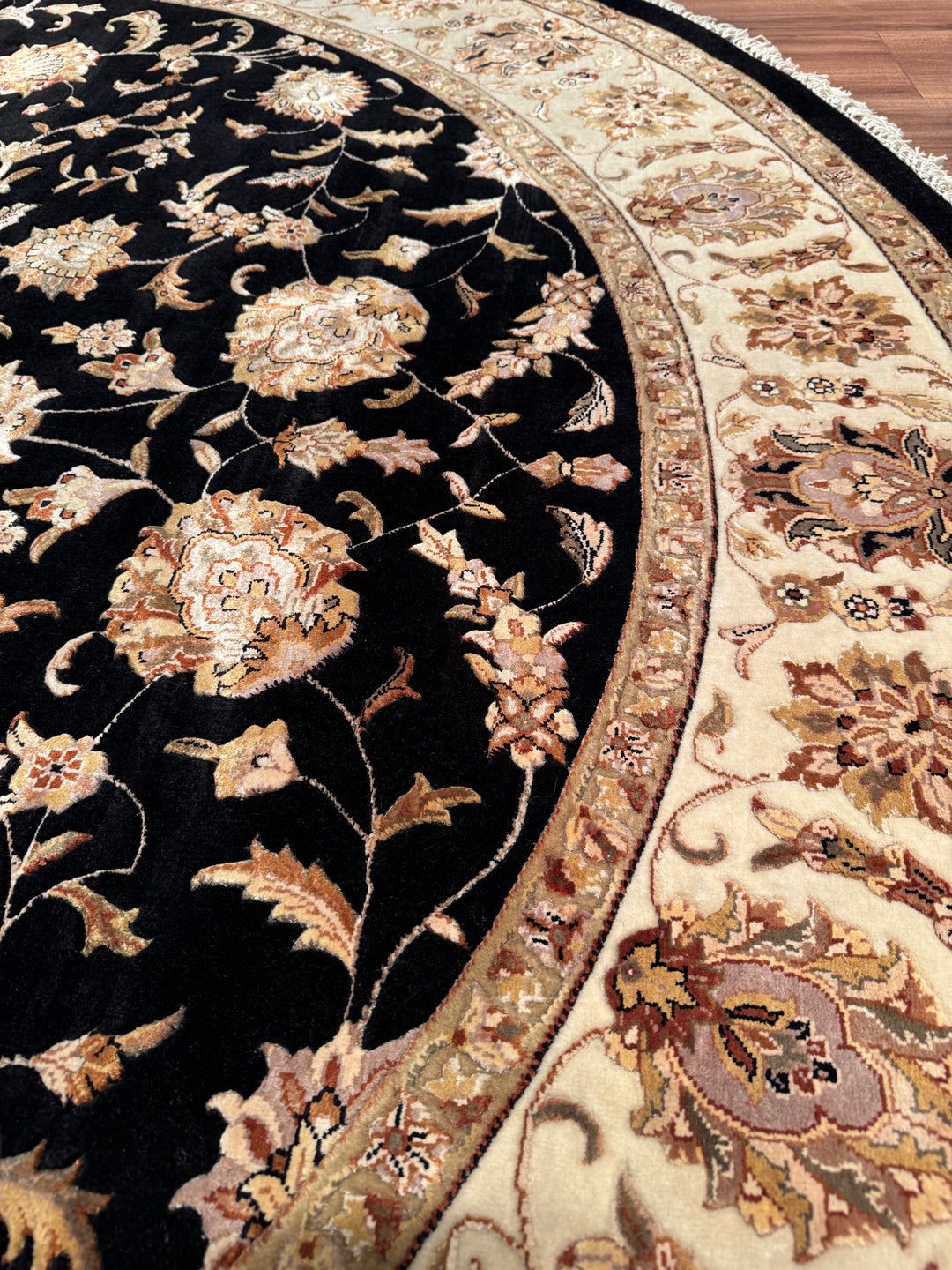 Indian Owl Original Hand Woven Round Black Cream Wool Bamboo Rug 250x250 6.25 Square Meters - 8x8 ft