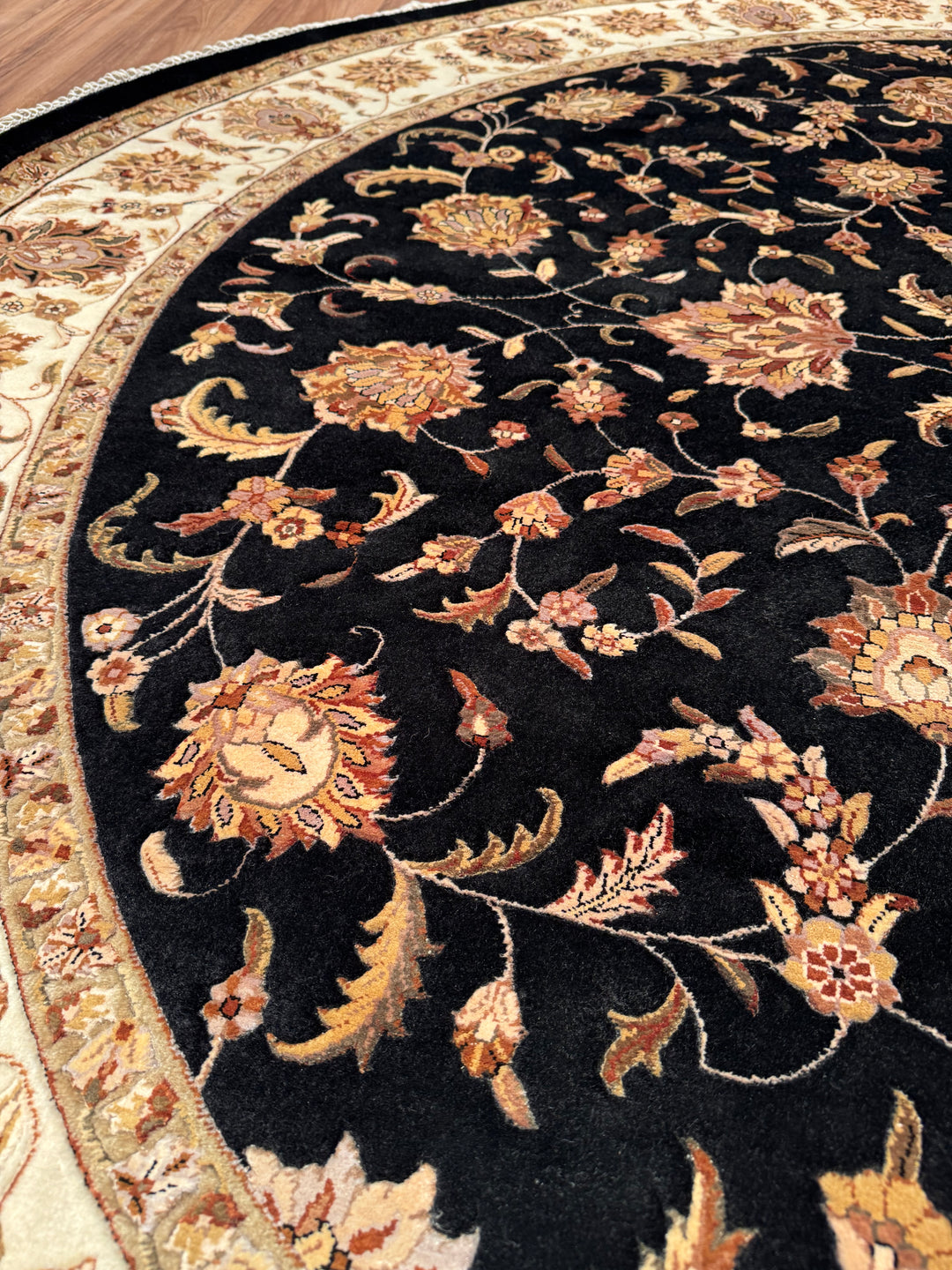 Indian Owl Original Hand Woven Round Black Cream Wool Bamboo Rug 250x250 6.25 Square Meters - 8x8 ft