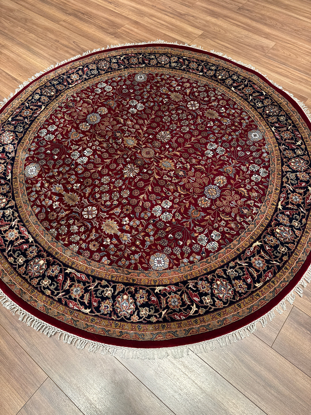 Hereke Yedi Dağın Çiçeği Yuvarlak Orijinal El Dokuması Mavi Kırmızı Yün Halı 185x185 3.42 Metrekare - 6x6 ft5