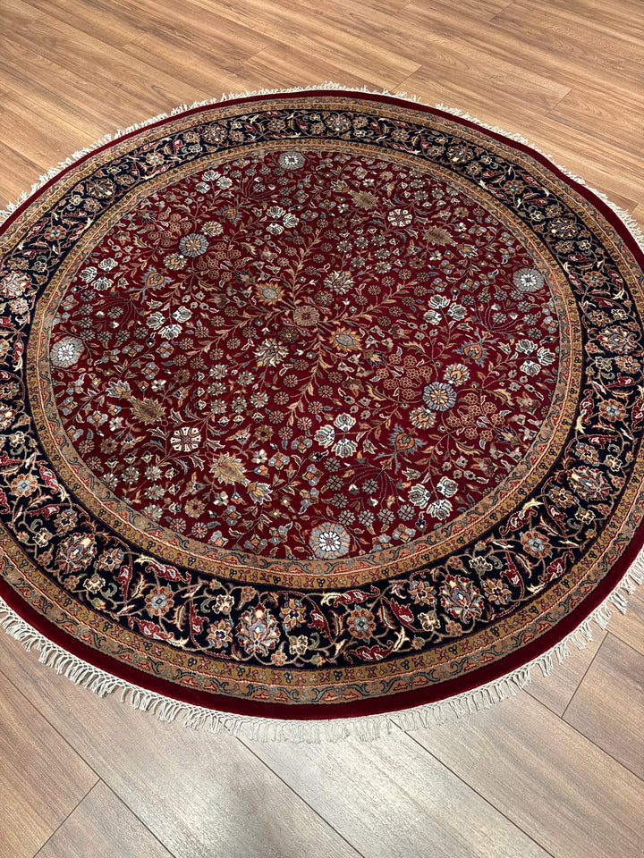 Hereke Yedi Dağın Çiçeği Yuvarlak Orijinal El Dokuması Mavi Kırmızı Yün Halı 185x185 3.42 Metrekare - 6x6 ft5