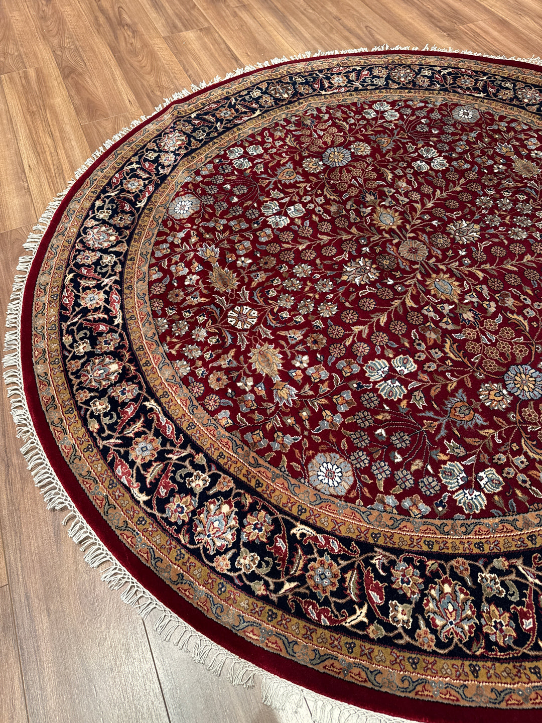 Hereke Yedi Dağın Çiçeği Yuvarlak Orijinal El Dokuması Mavi Kırmızı Yün Halı 185x185 3.42 Metrekare - 6x6 ft5