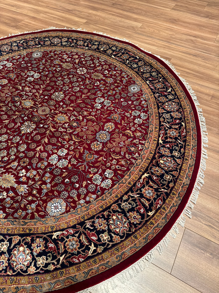 Hereke Yedi Dağın Çiçeği Yuvarlak Orijinal El Dokuması Mavi Kırmızı Yün Halı 185x185 3.42 Metrekare - 6x6 ft5