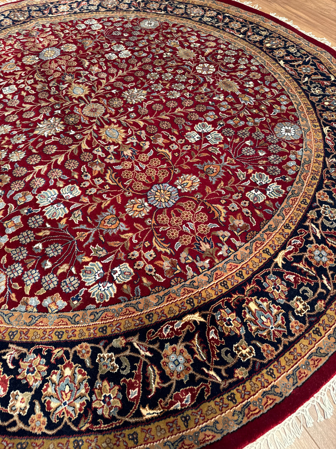 Hereke Yedi Dağın Çiçeği Yuvarlak Orijinal El Dokuması Mavi Kırmızı Yün Halı 185x185 3.42 Metrekare - 6x6 ft5