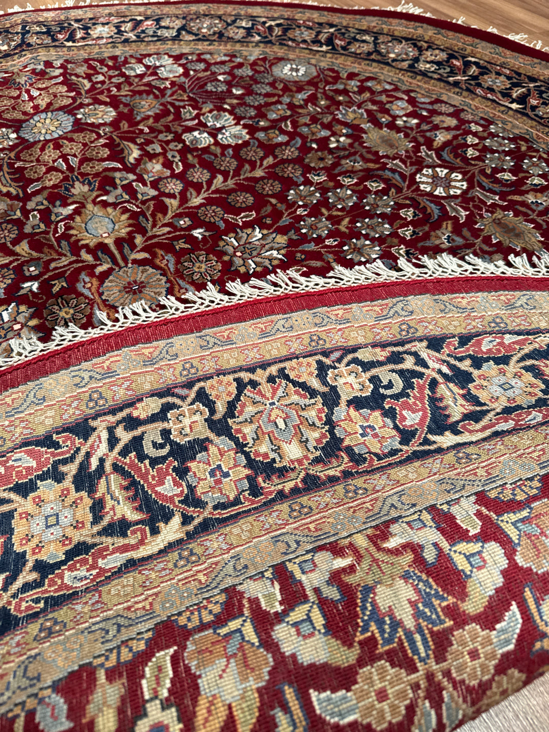 Hereke Yedi Dağın Çiçeği Yuvarlak Orijinal El Dokuması Mavi Kırmızı Yün Halı 185x185 3.42 Metrekare - 6x6 ft5