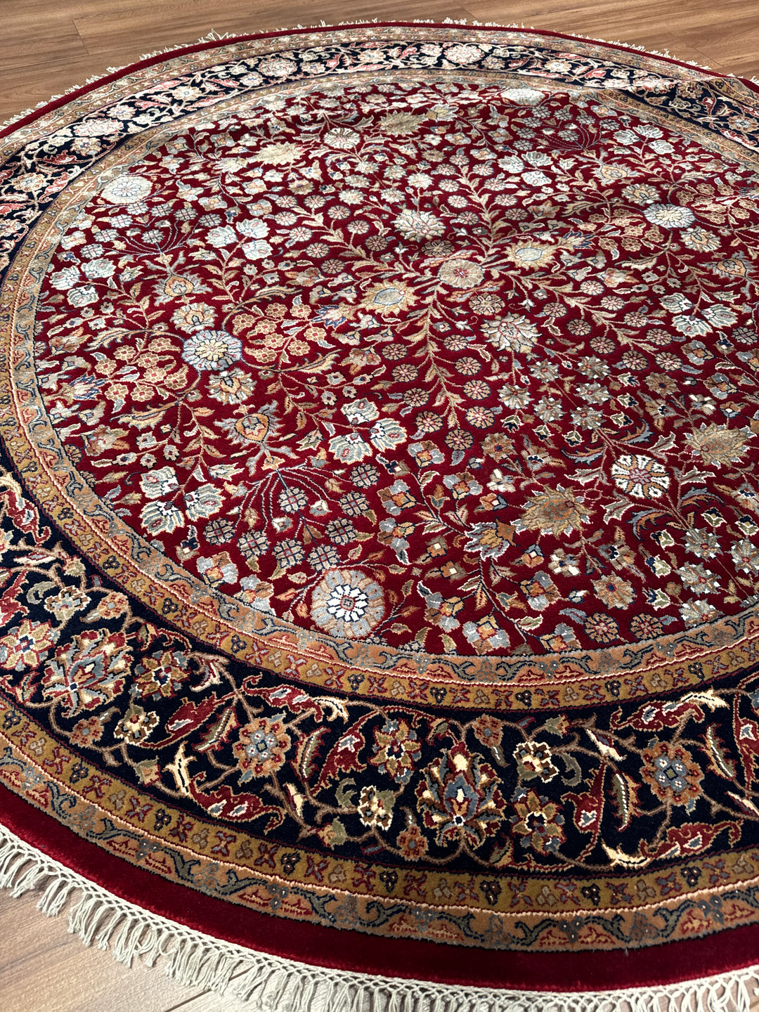 Hereke Yedi Dağın Çiçeği Yuvarlak Orijinal El Dokuması Mavi Kırmızı Yün Halı 185x185 3.42 Metrekare - 6x6 ft5