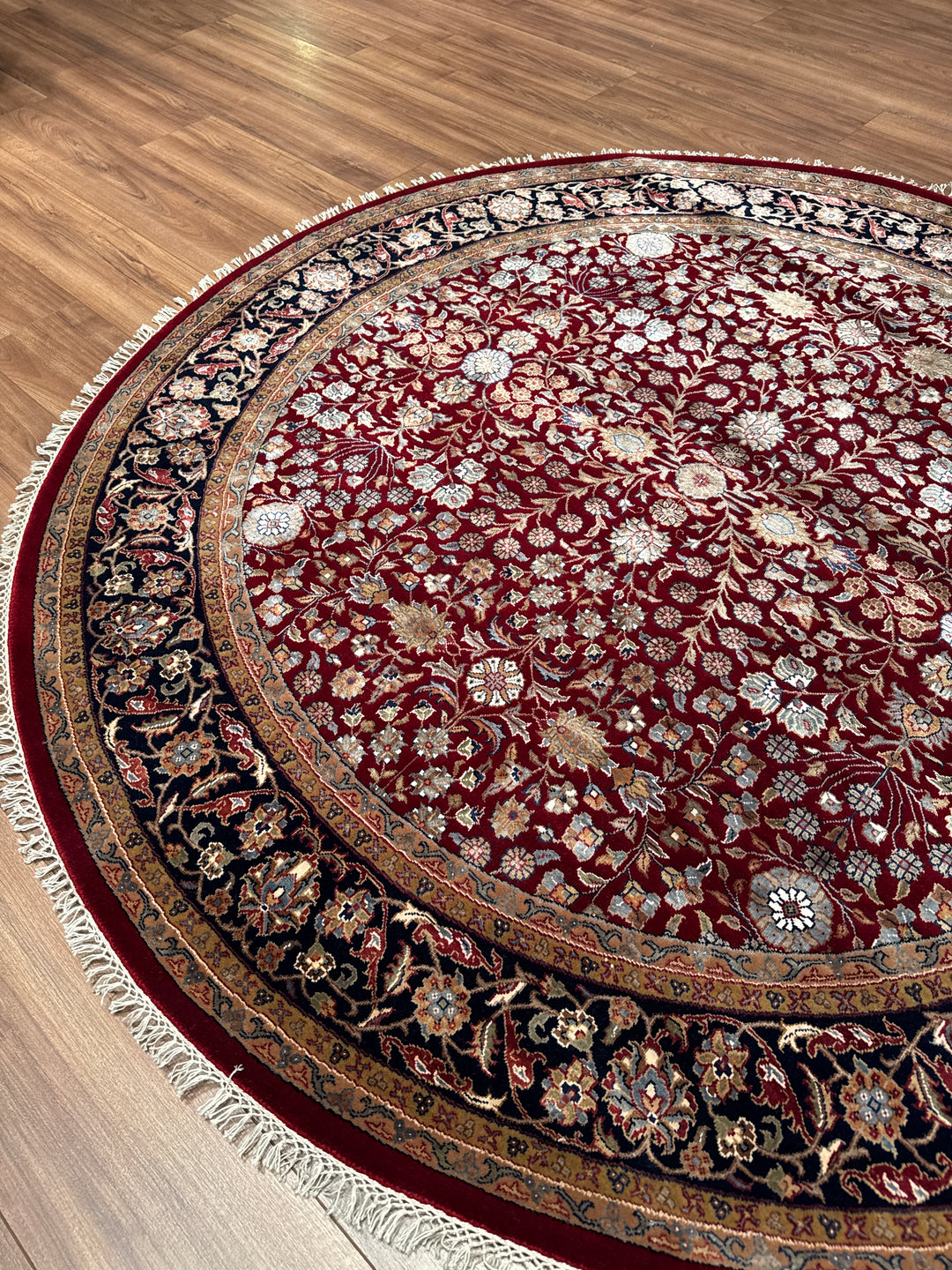 Hereke Yedi Dağın Çiçeği Yuvarlak Orijinal El Dokuması Mavi Kırmızı Yün Halı 185x185 3.42 Metrekare - 6x6 ft5