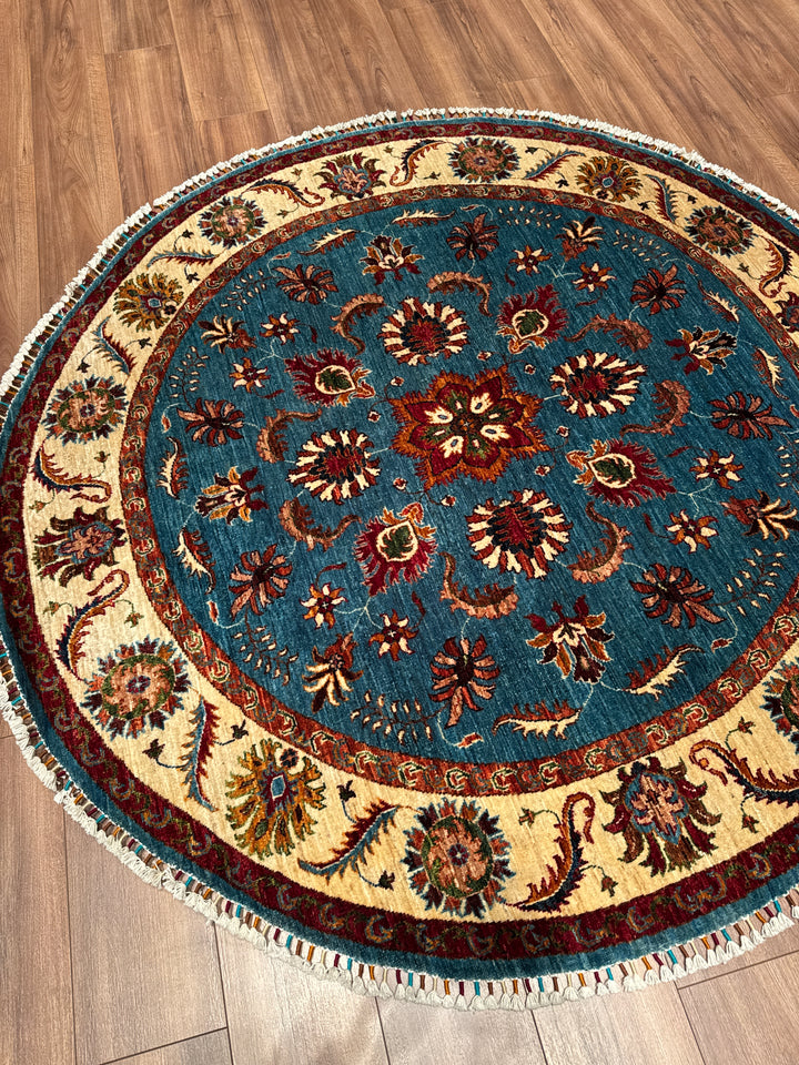 Sultani Binbirgece Yuvarlak Orijinal El Dokuması Mavi Kök Boya Yün Halı 178x181 3.22 Metrekare - 6x6 ft