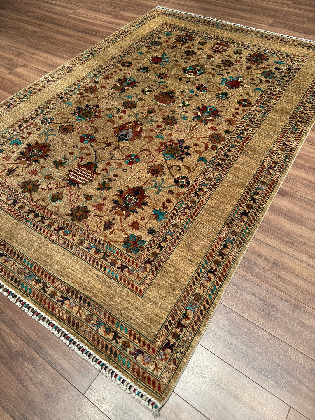 Sultani Binbirgece Orijinal El Dokuması Bej Kök Boya Yün Halı 205x303 6.21 Metrekare - 7x10 ft