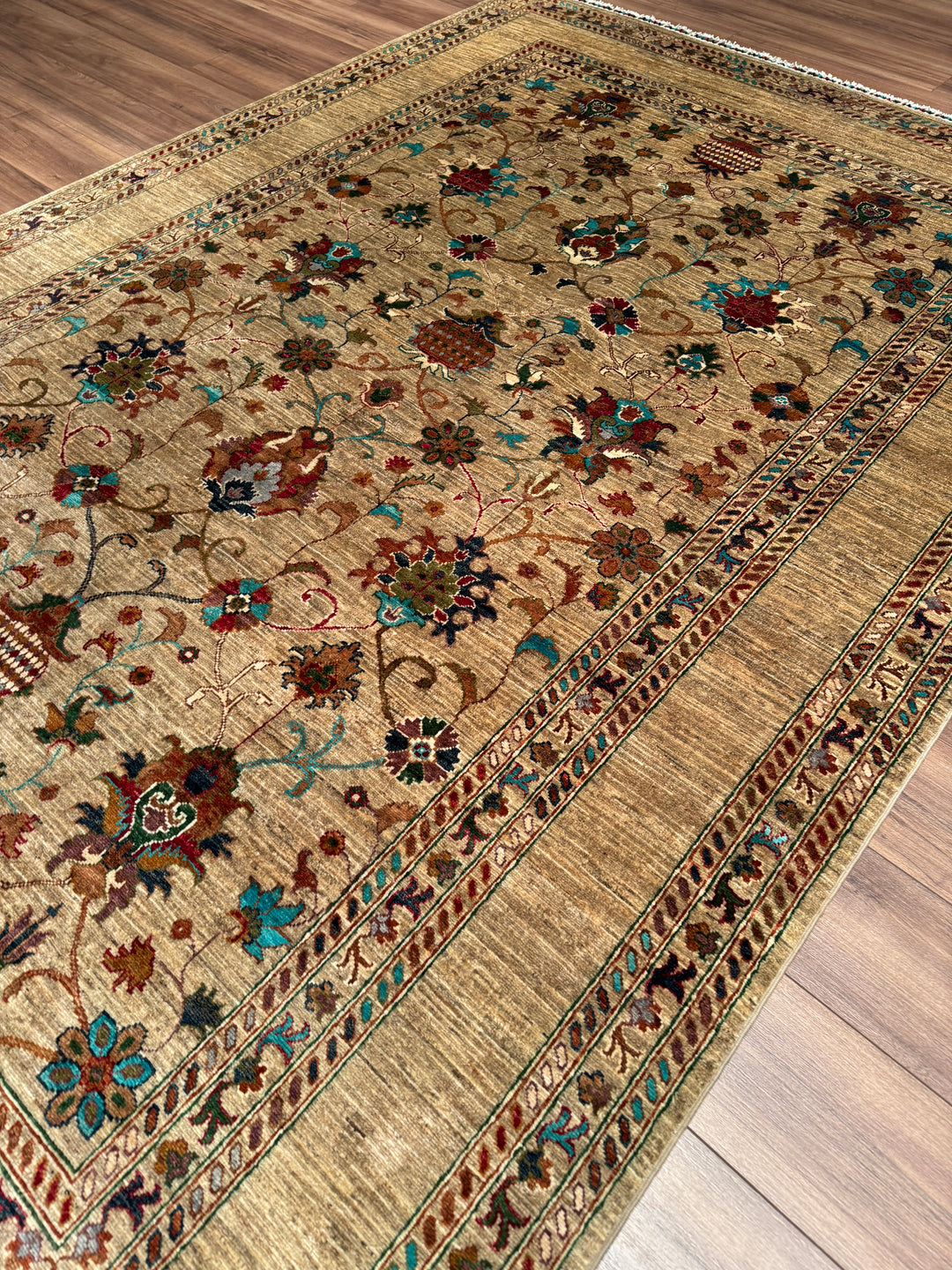 Sultani Binbirgece Orijinal El Dokuması Bej Kök Boya Yün Halı 205x303 6.21 Metrekare - 7x10 ft