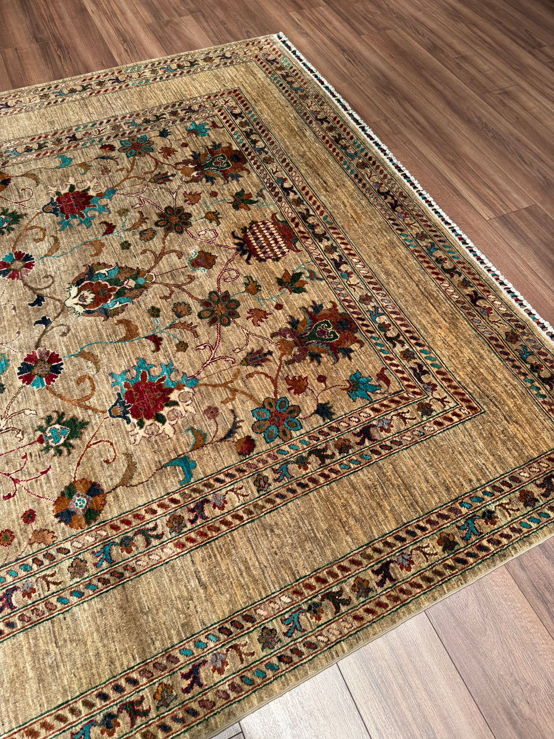 Sultani Binbirgece Orijinal El Dokuması Bej Kök Boya Yün Halı 205x303 6.21 Metrekare - 7x10 ft