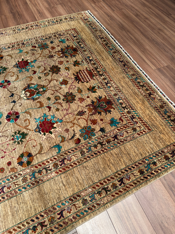 Sultani Binbirgece Orijinal El Dokuması Bej Kök Boya Yün Halı 205x303 6.21 Metrekare - 7x10 ft