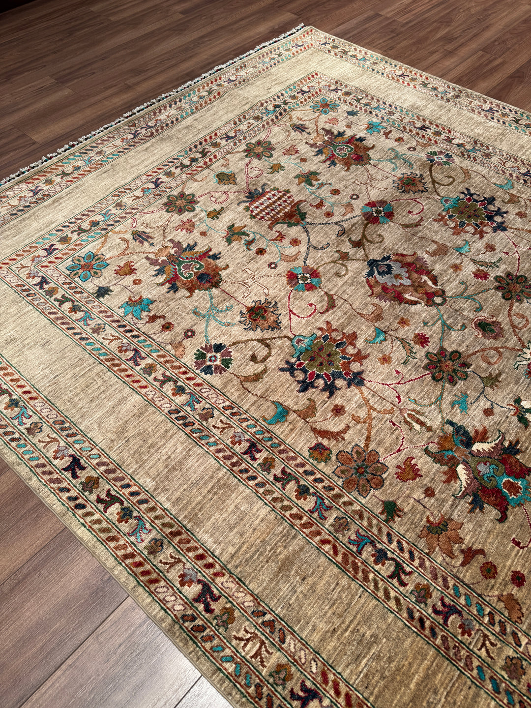 Sultani Binbirgece Orijinal El Dokuması Bej Kök Boya Yün Halı 205x303 6.21 Metrekare - 7x10 ft