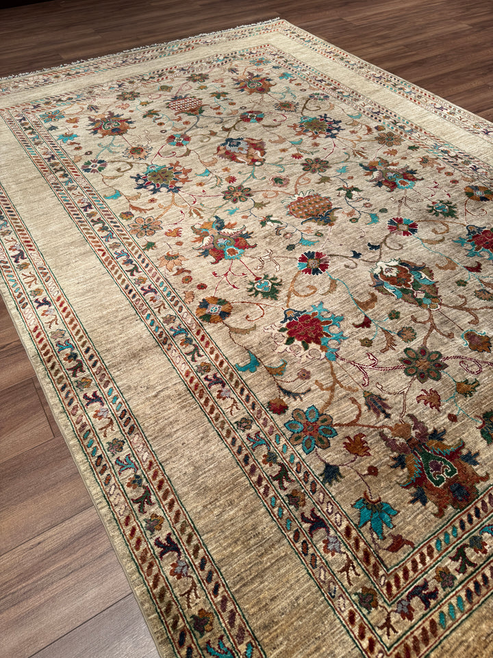 Sultani Binbirgece Orijinal El Dokuması Bej Kök Boya Yün Halı 205x303 6.21 Metrekare - 7x10 ft