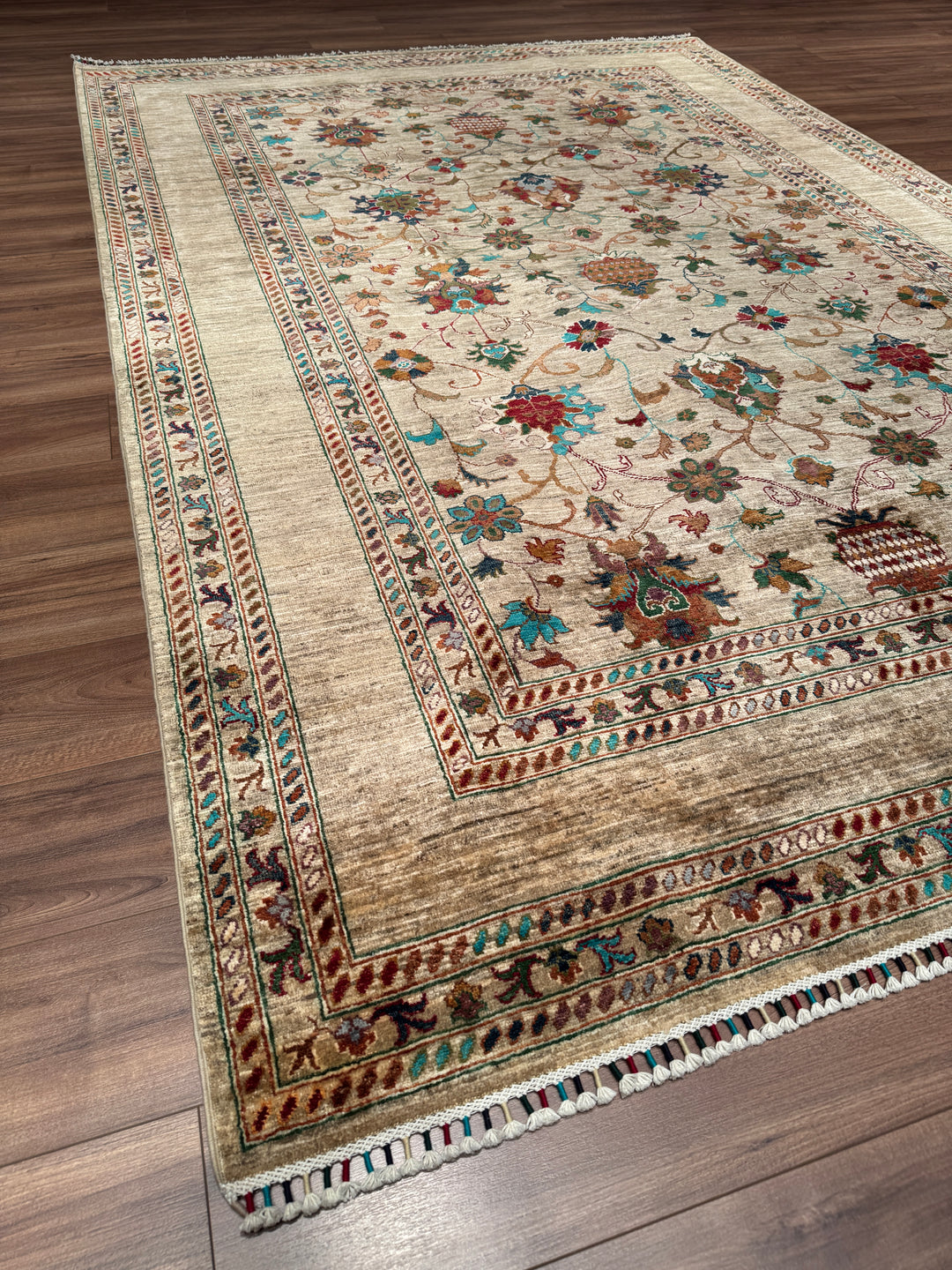 Sultani Binbirgece Orijinal El Dokuması Bej Kök Boya Yün Halı 205x303 6.21 Metrekare - 7x10 ft