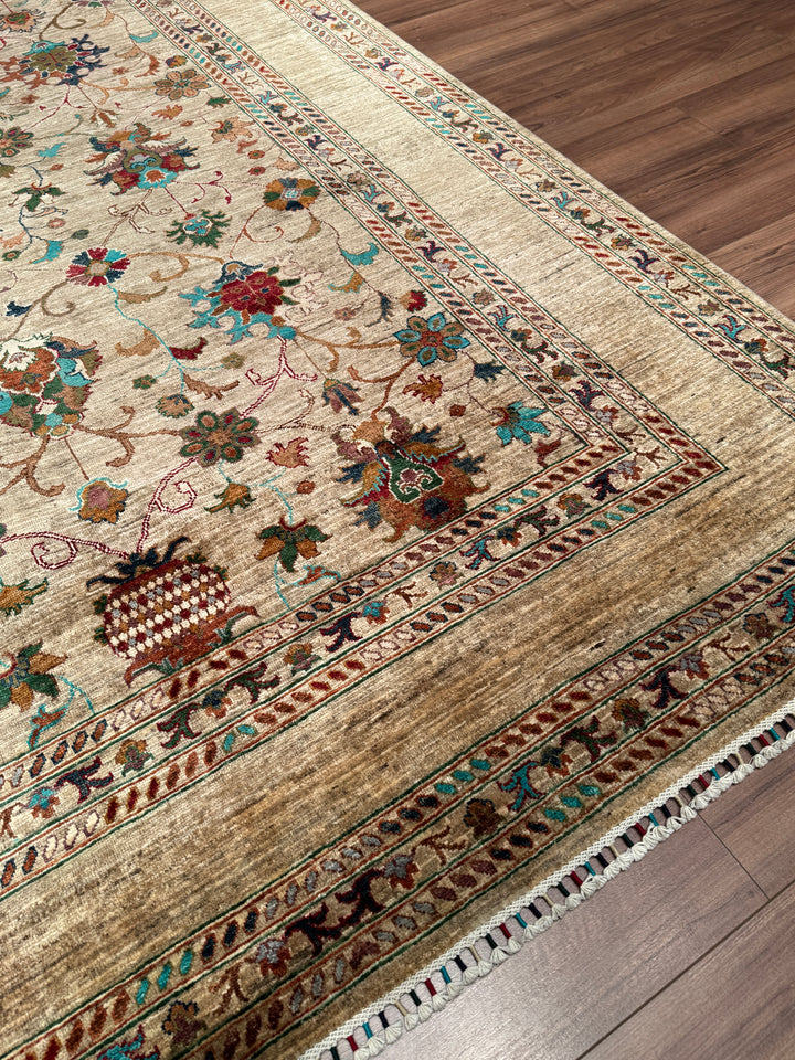 Sultani Binbirgece Orijinal El Dokuması Bej Kök Boya Yün Halı 205x303 6.21 Metrekare - 7x10 ft