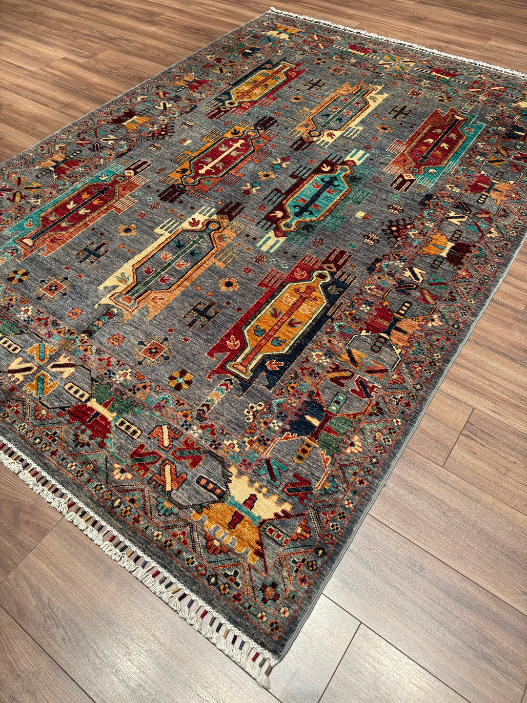 Veziri Original Hand-Woven Gray Vegetable Dyed Wool Carpet 177x250 4.43 Square Meters - 6x8 ft