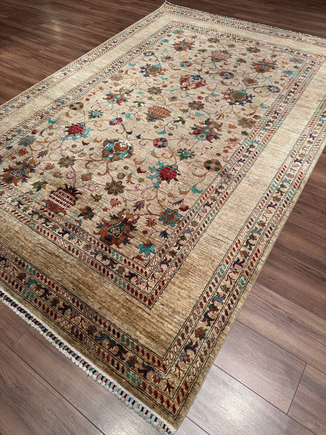 Sultani Binbirgece Orijinal El Dokuması Bej Kök Boya Yün Halı 205x303 6.21 Metrekare - 7x10 ft