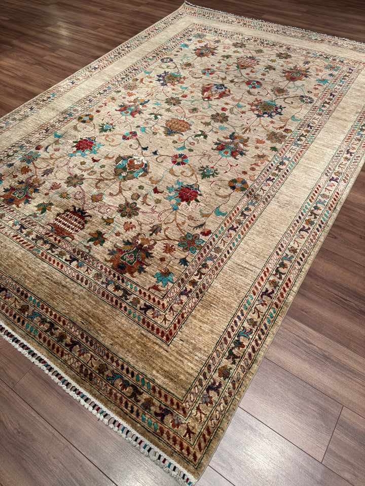Sultani Binbirgece Orijinal El Dokuması Bej Kök Boya Yün Halı 205x303 6.21 Metrekare - 7x10 ft