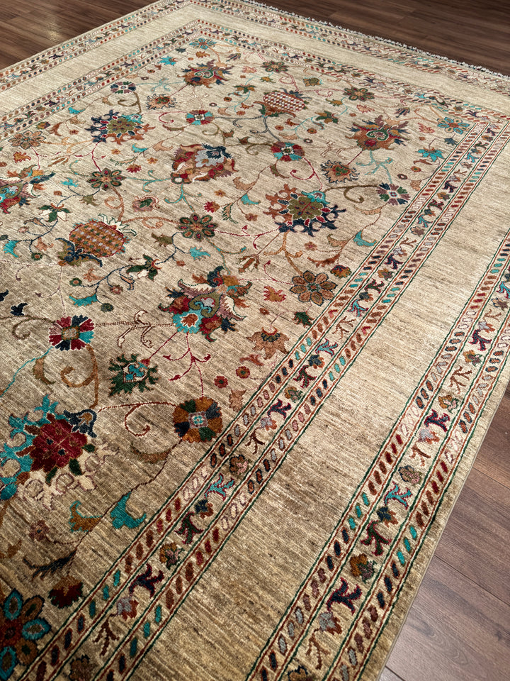 Sultani Binbirgece Orijinal El Dokuması Bej Kök Boya Yün Halı 205x303 6.21 Metrekare - 7x10 ft