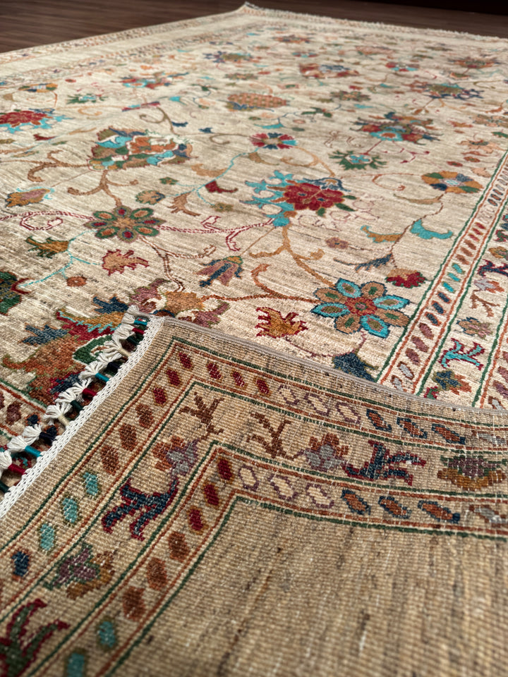 Sultani Binbirgece Orijinal El Dokuması Bej Kök Boya Yün Halı 205x303 6.21 Metrekare - 7x10 ft