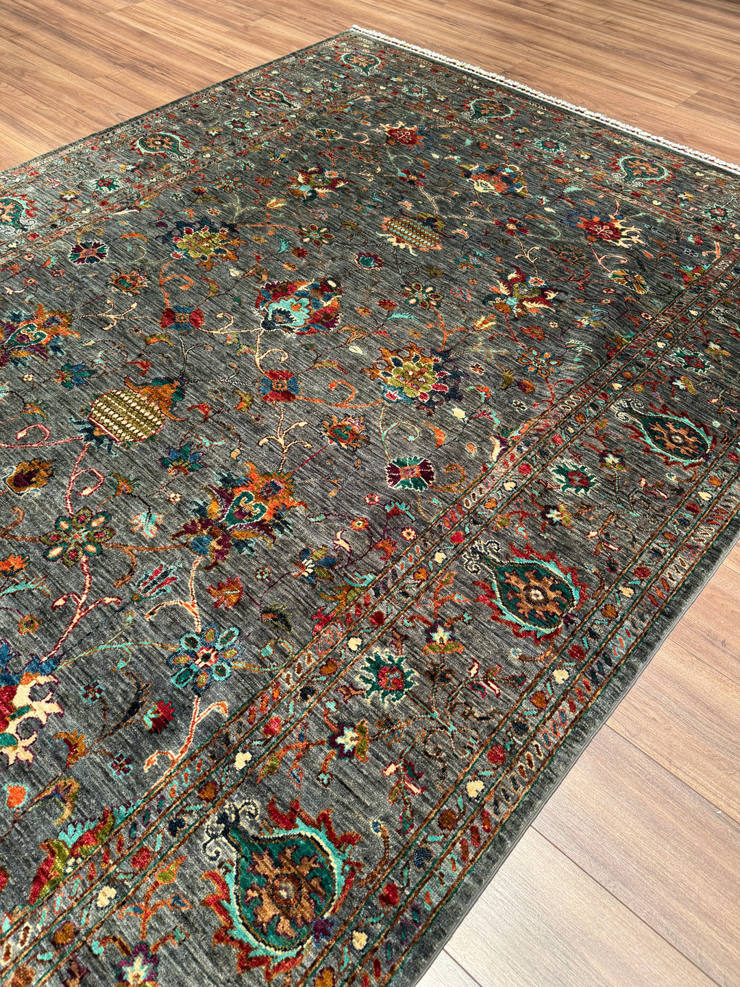 Sultani Binbirgece Orijinal El Dokuması Gri Kök Boya Yün Halı 207x294 6.09 Metrekare - 7x10 ft