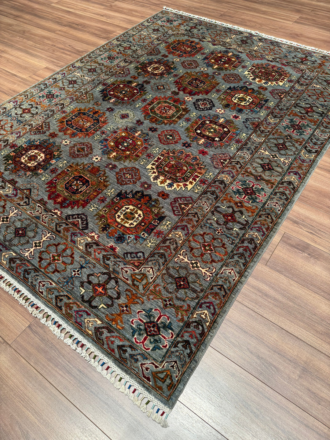 Veziri Original Hand-Woven Gray Vegetable Dyed Wool Carpet 174x238 4.14 Square Meters - 6x8 ft