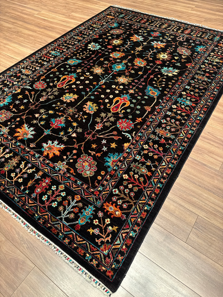 Sultani Çiçekli Orijinal El Dokuması Siyah Kök Boya Yün Halı 211x307 6.48 Metrekare - 7x10 ft