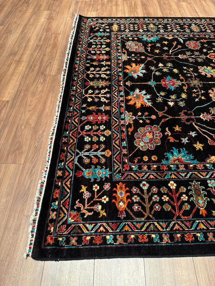 Sultani Çiçekli Orijinal El Dokuması Siyah Kök Boya Yün Halı 211x307 6.48 Metrekare - 7x10 ft