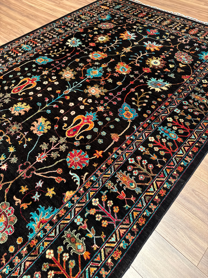Sultani Çiçekli Orijinal El Dokuması Siyah Kök Boya Yün Halı 211x307 6.48 Metrekare - 7x10 ft