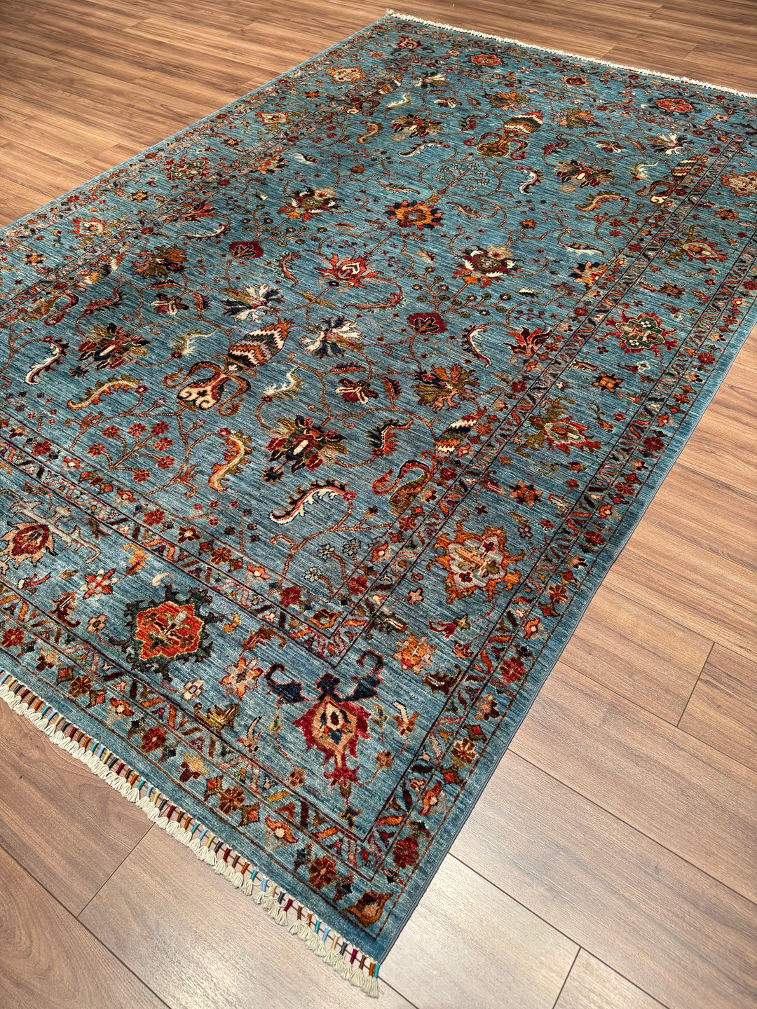 Sultani Binbirgece Orijinal El Dokuması Mavi Kök Boya Yün Halı 205x303 6.21 Metrekare - 7x10 ft